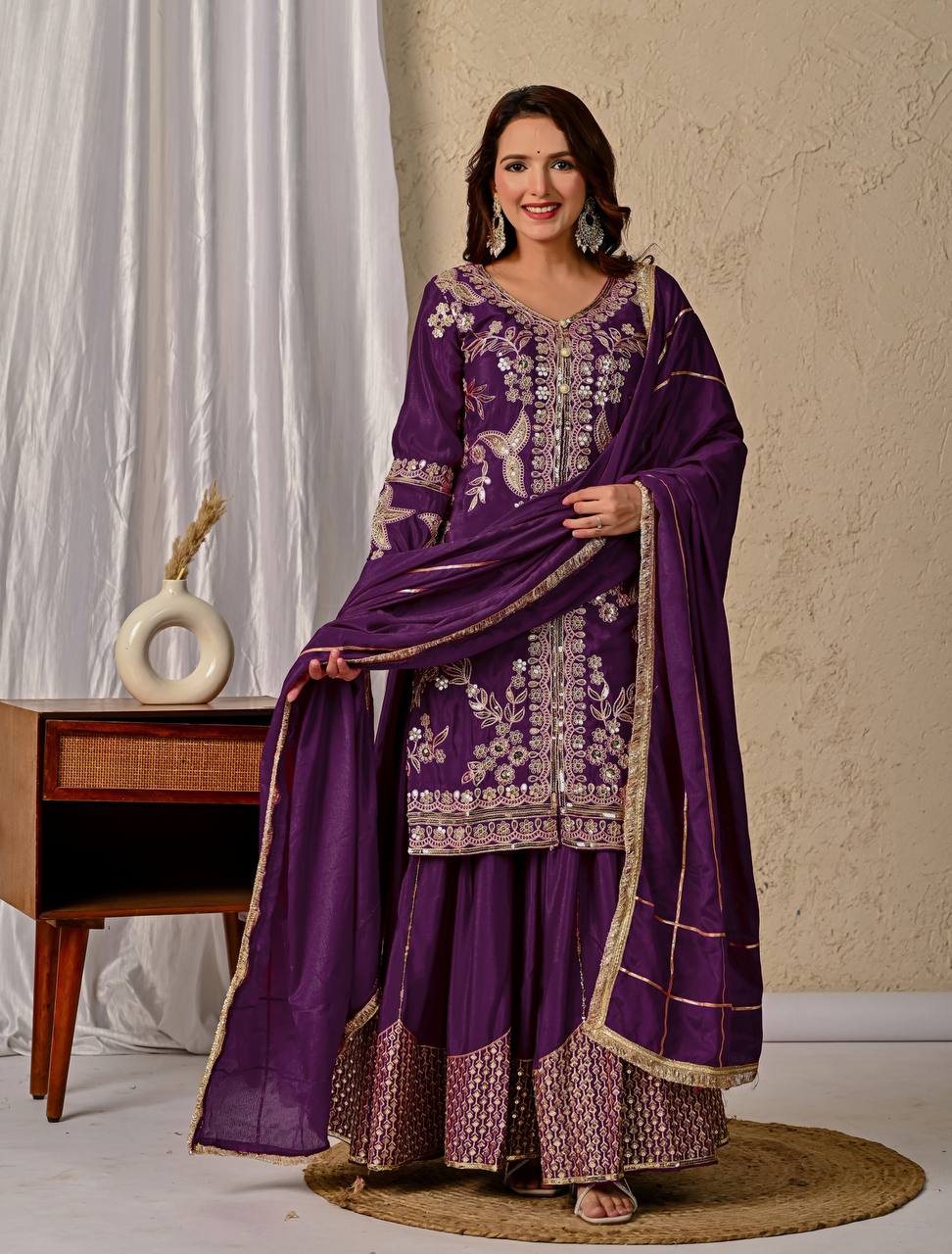 Wedding Wear Purple Color Heavy Chinnon Silk With Coding Sequin Work Beautiful Sharara Suit