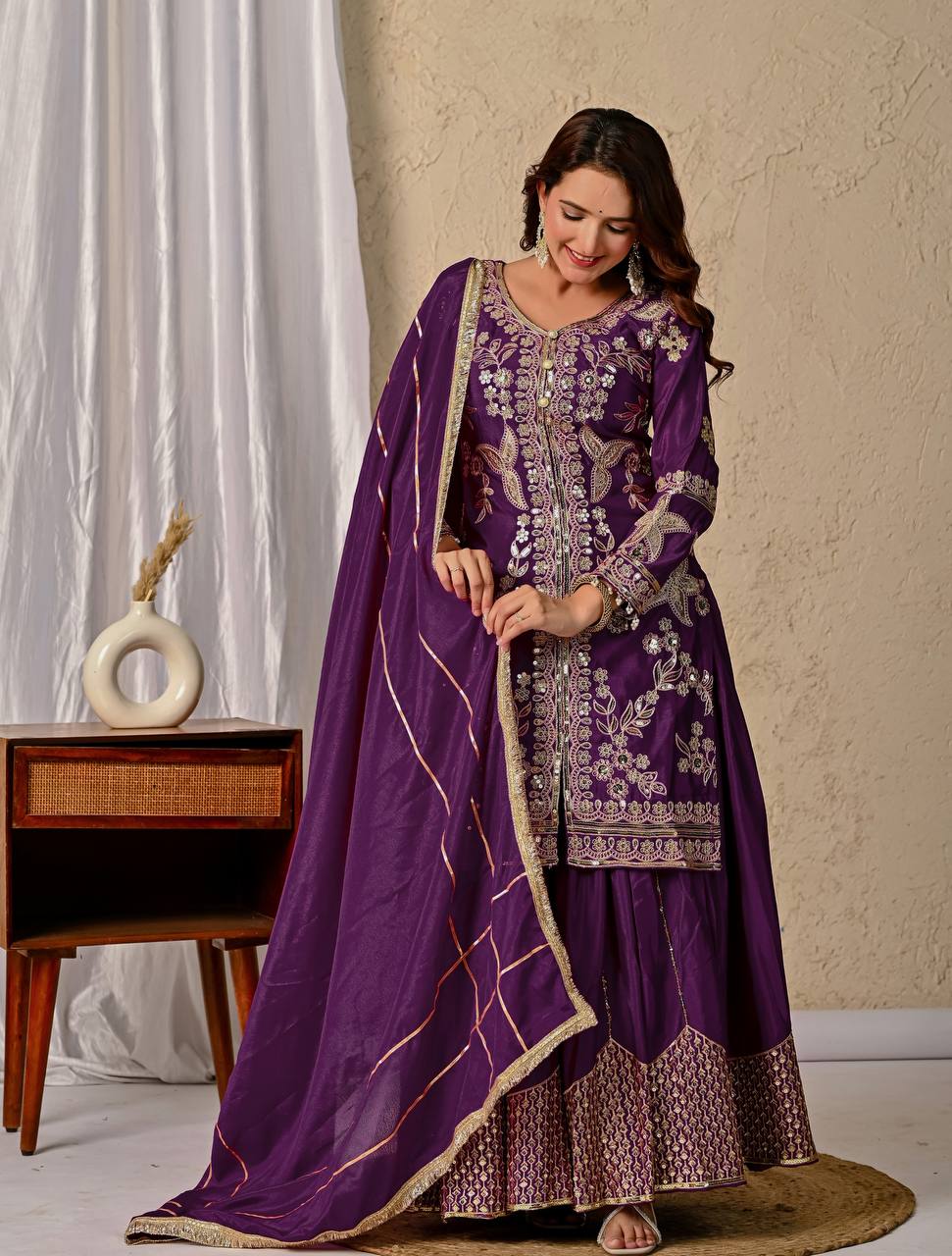 Wedding Wear Purple Color Heavy Chinnon Silk With Coding Sequin Work Beautiful Sharara Suit