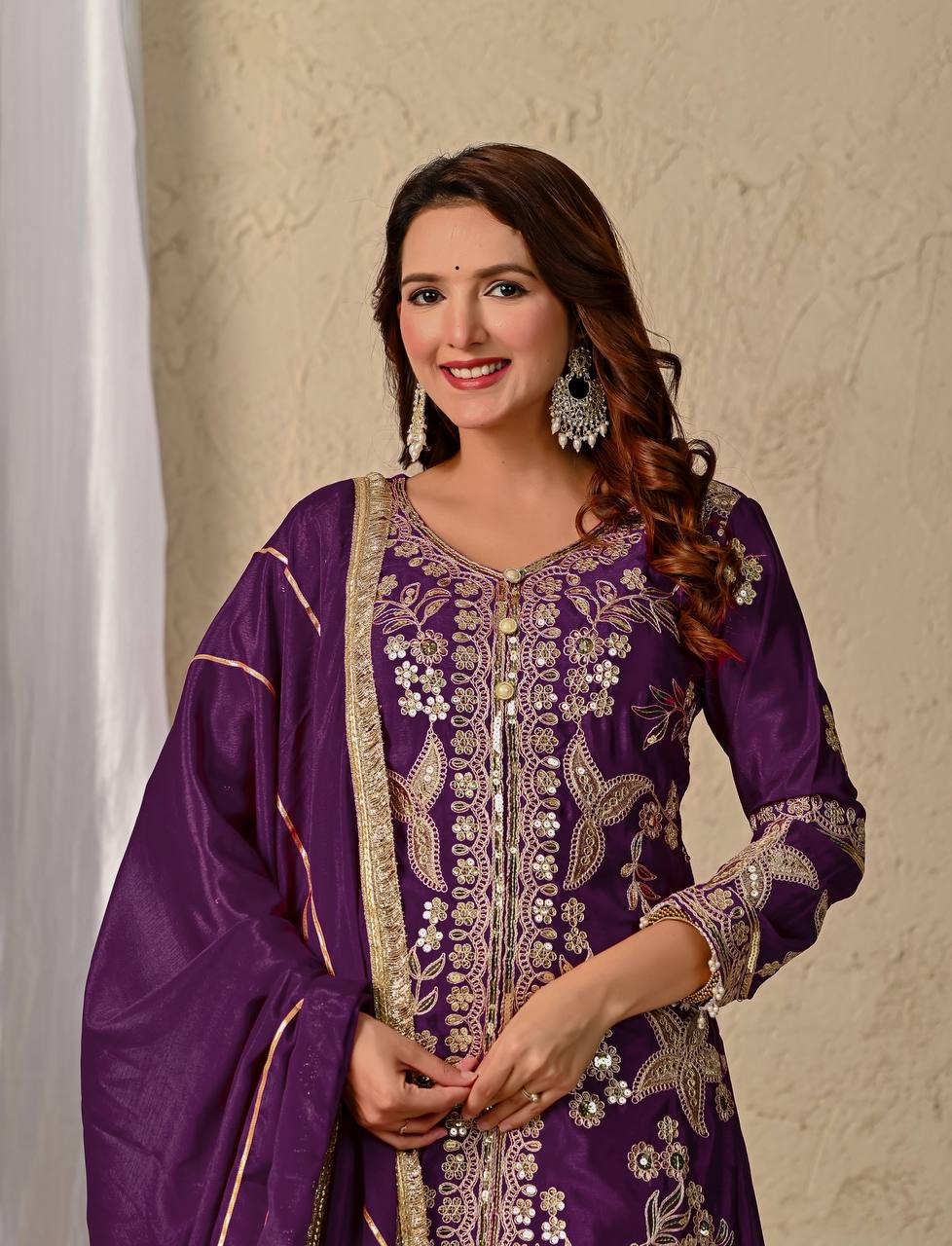 Wedding Wear Purple Color Heavy Chinnon Silk With Coding Sequin Work Beautiful Sharara Suit