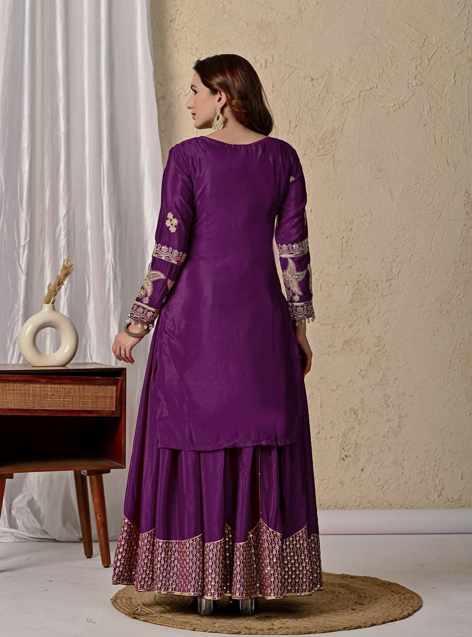 Wedding Wear Purple Color Heavy Chinnon Silk With Coding Sequin Work Beautiful Sharara Suit