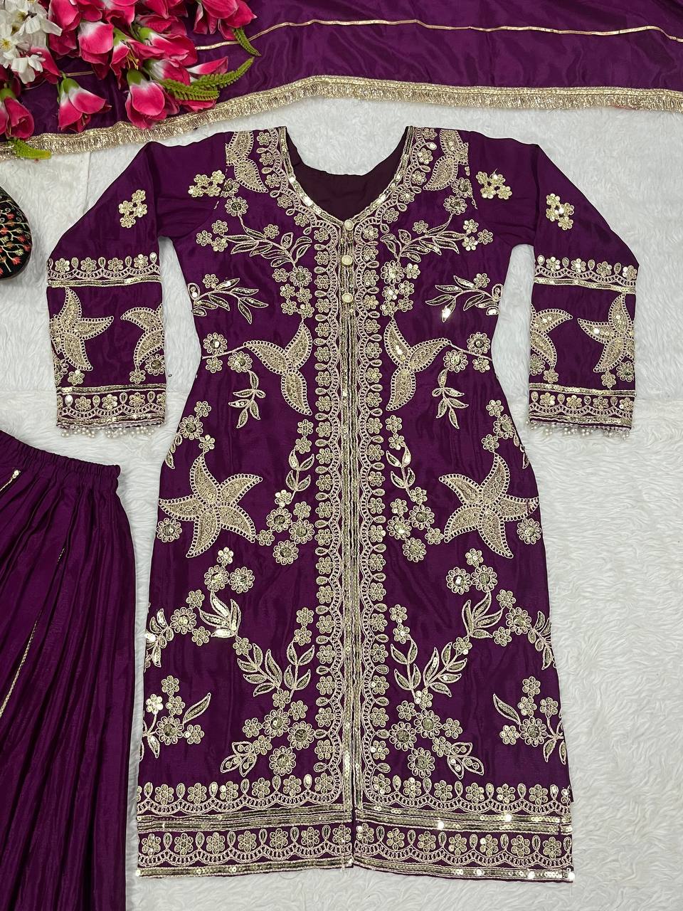 Wedding Wear Purple Color Heavy Chinnon Silk With Coding Sequin Work Beautiful Sharara Suit