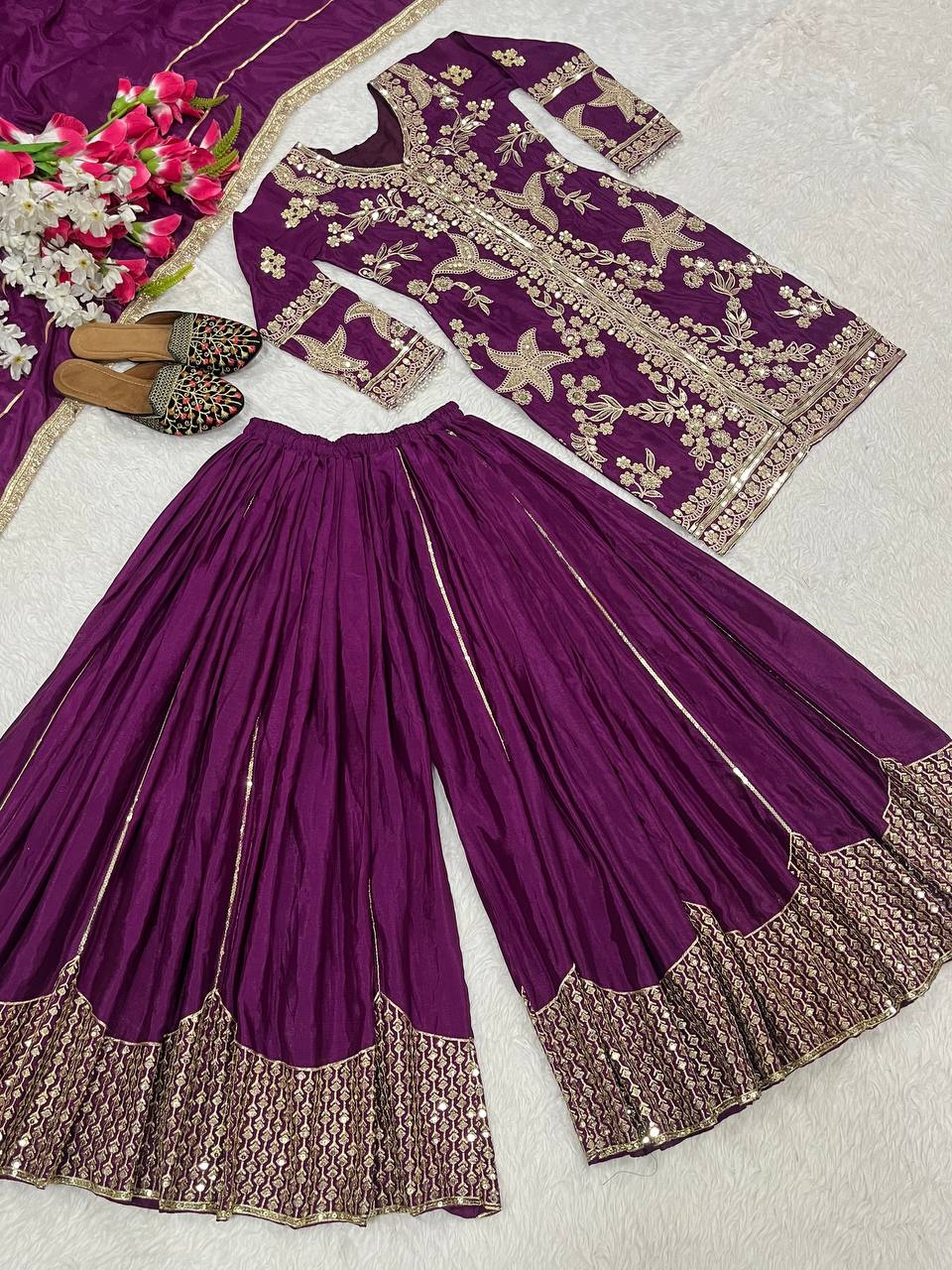 Wedding Wear Purple Color Heavy Chinnon Silk With Coding Sequin Work Beautiful Sharara Suit