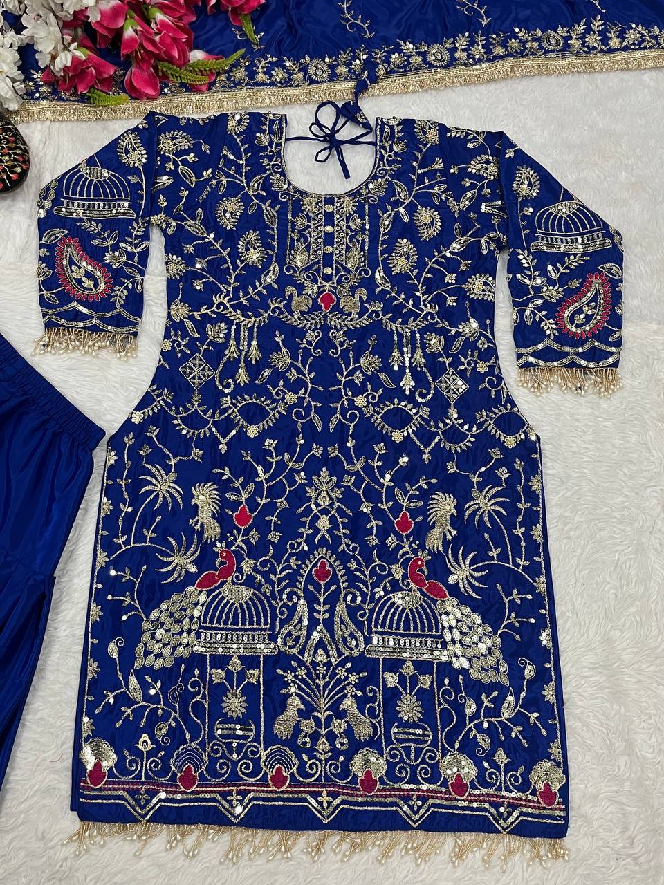 Stylish Navy Blue Color Natural Crepe With Heavy Embroidery Sequence Work Dhoti Suit