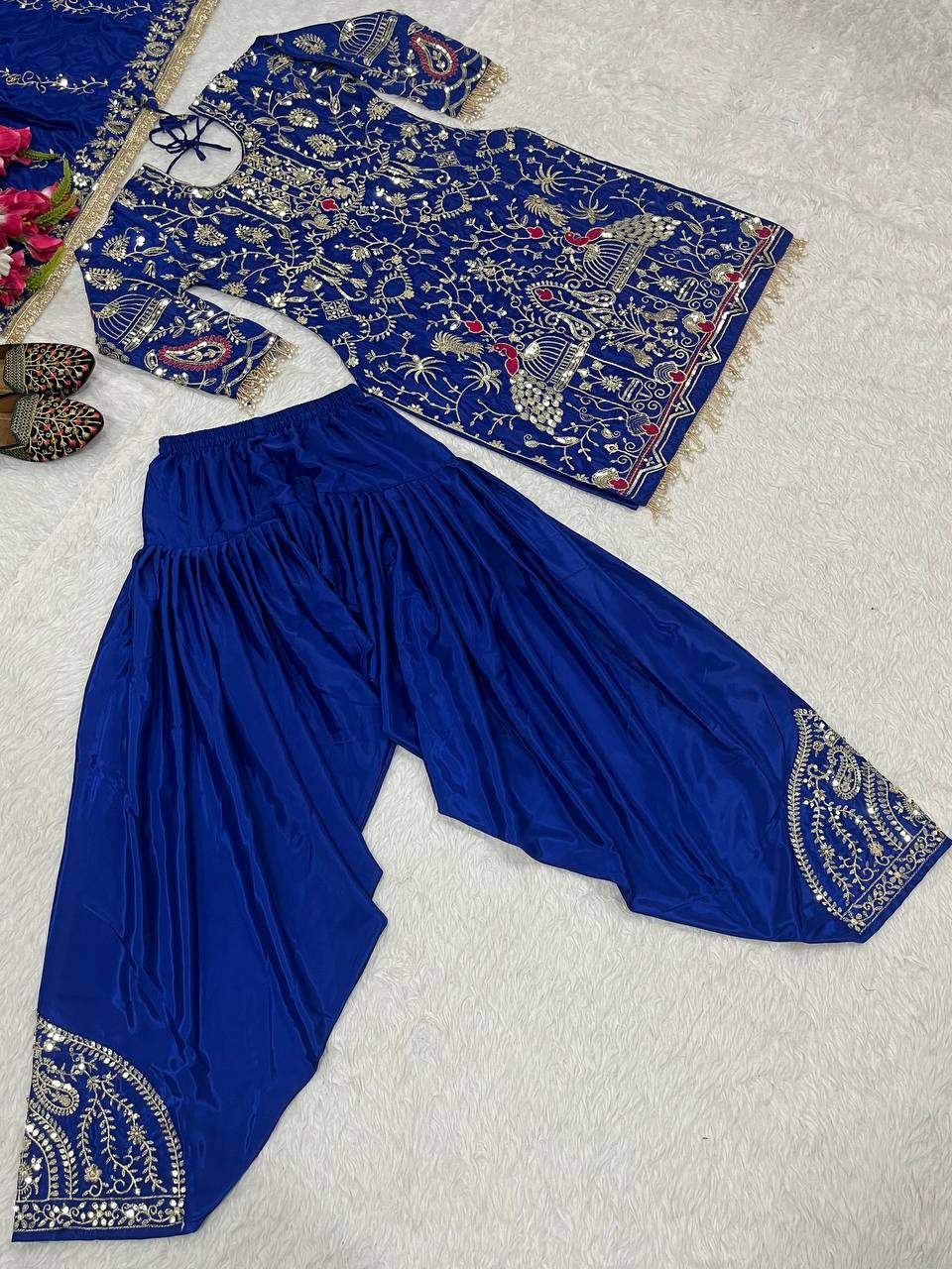 Stylish Navy Blue Color Natural Crepe With Heavy Embroidery Sequence Work Dhoti Suit
