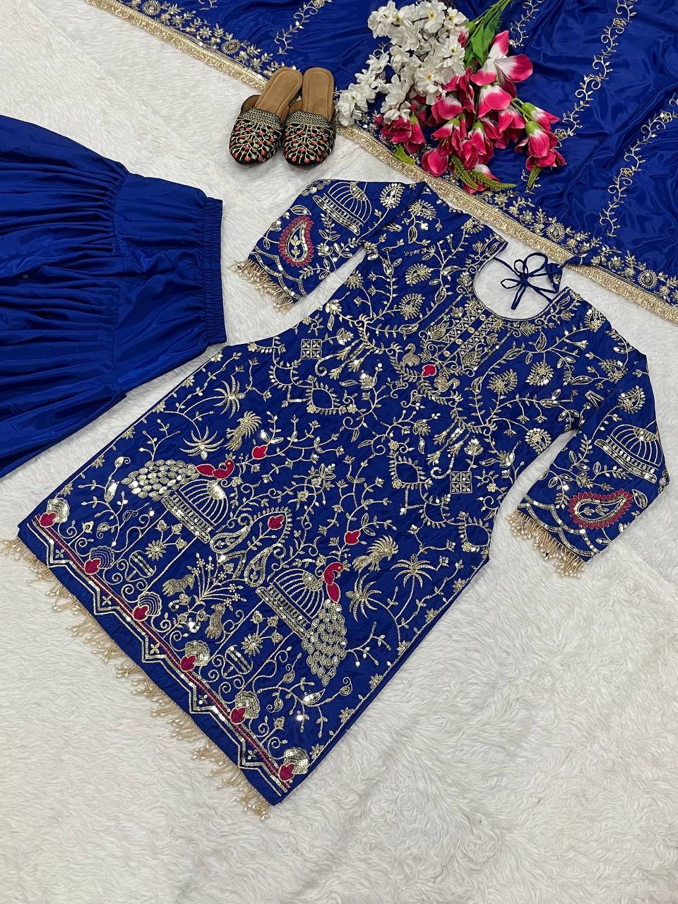Stylish Navy Blue Color Natural Crepe With Heavy Embroidery Sequence Work Dhoti Suit