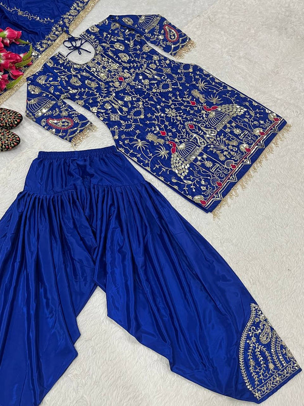 Stylish Navy Blue Color Natural Crepe With Heavy Embroidery Sequence Work Dhoti Suit
