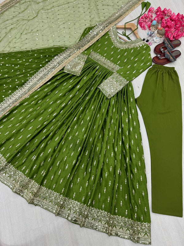 Exclusive Green Color Heavy Pure Chinon Silk With Embroidery Sequence Work Gown