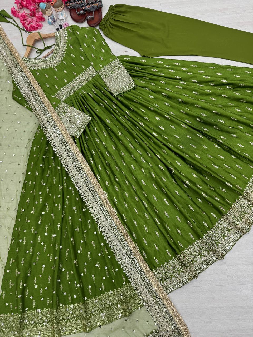 Exclusive Green Color Heavy Pure Chinon Silk With Embroidery Sequence Work Gown