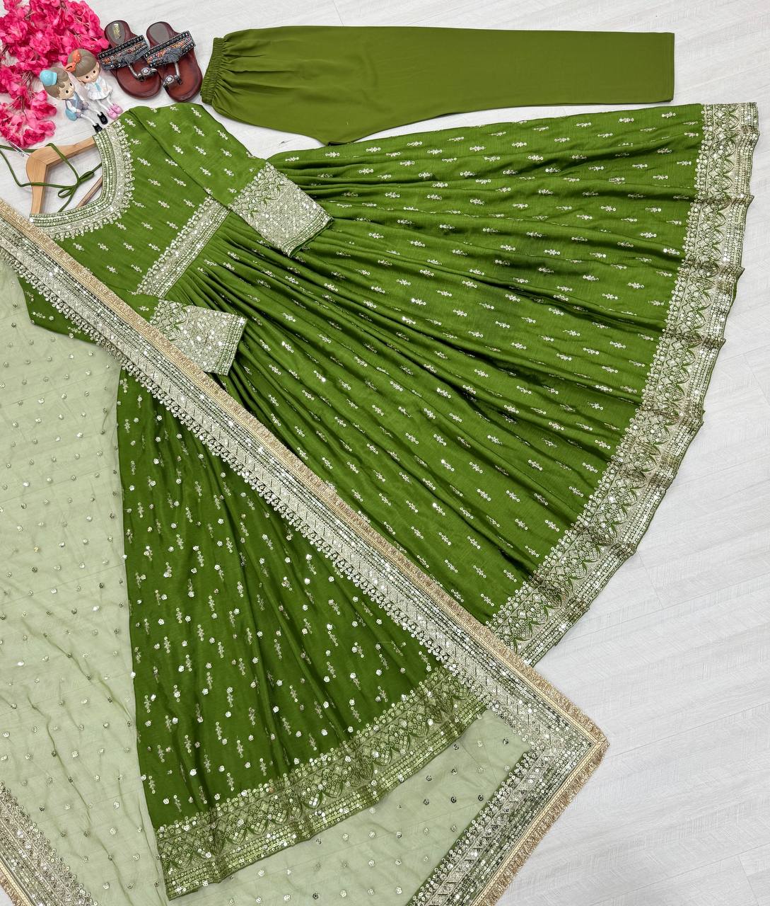 Exclusive Green Color Heavy Pure Chinon Silk With Embroidery Sequence Work Gown