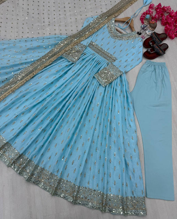 Designer Sky Blue Color Heavy Pure Chinon Silk With Embroidery Sequence Work Gown
