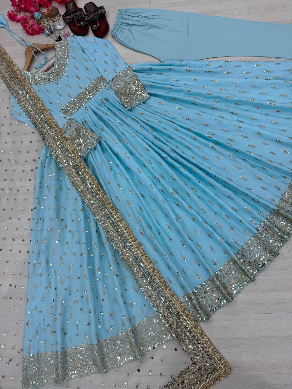 Designer Sky Blue Color Heavy Pure Chinon Silk With Embroidery Sequence Work Gown