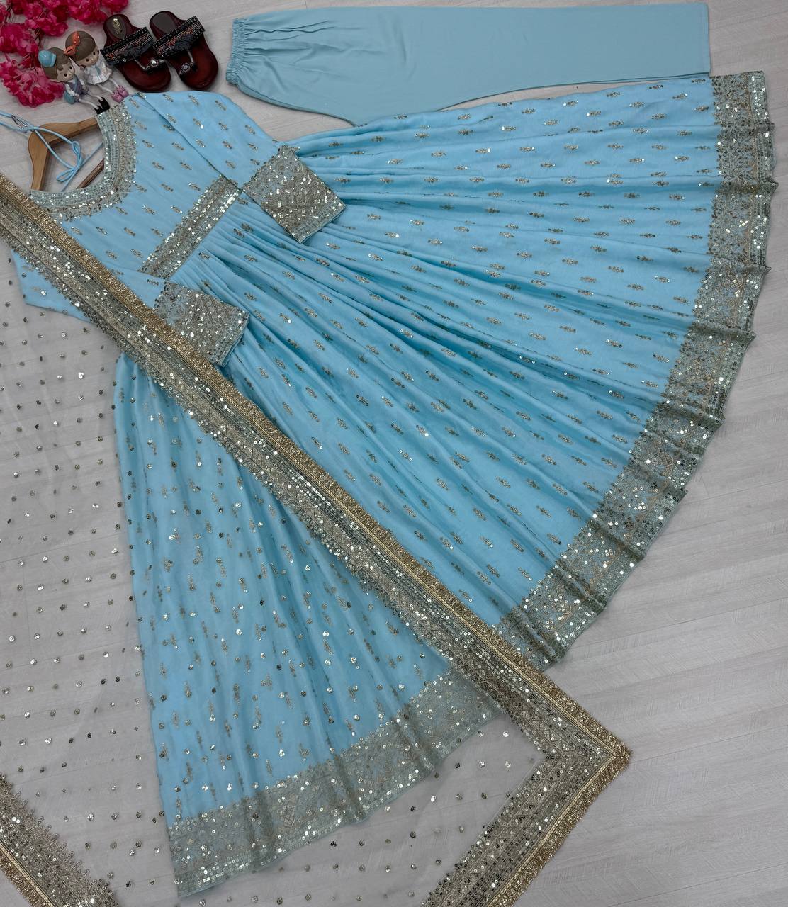 Designer Sky Blue Color Heavy Pure Chinon Silk With Embroidery Sequence Work Gown