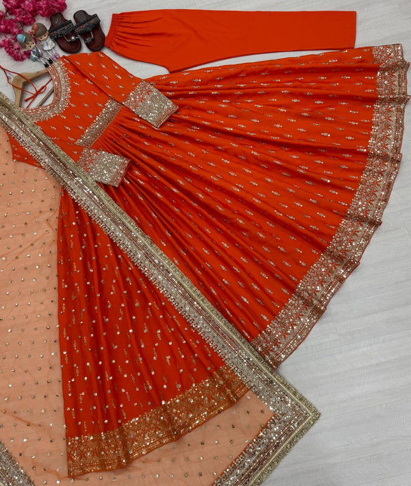 Beautiful Orange Color Heavy Pure Chinon Silk With Embroidery Sequence Work Gown