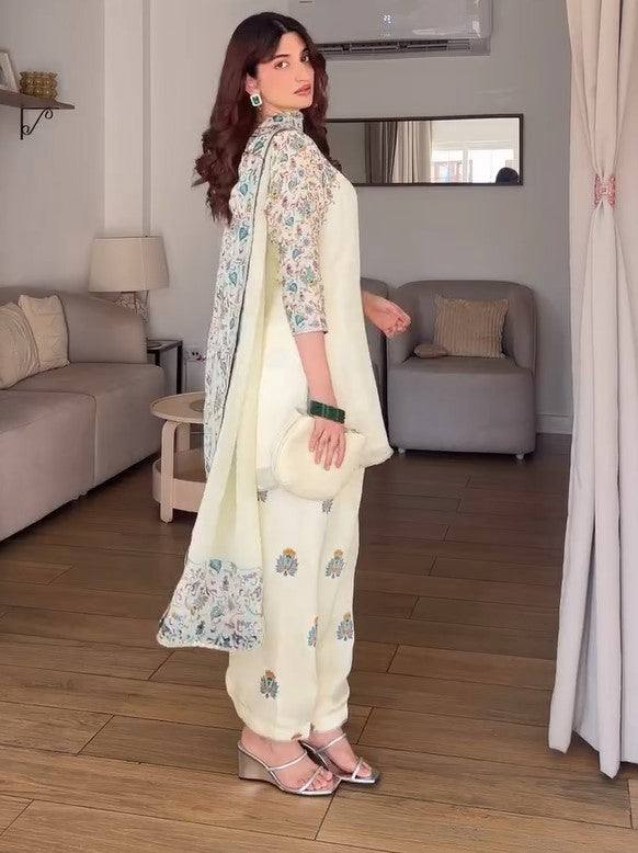 Festive Wear Off White Color Pure Faux Georgette With Vibrant Digital Print Designer Patiyala Suit