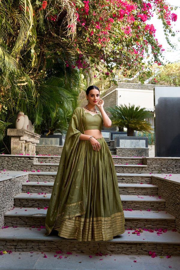 Eyes Catching Mahendi Green Pure Chanderi Plain With Zari Weaving Work Border Designer Lehenga Choli