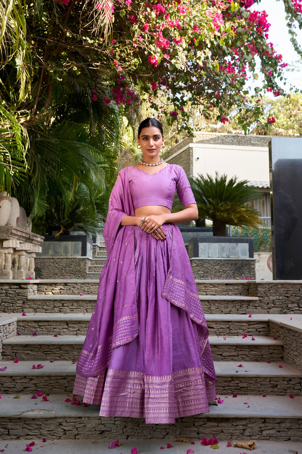 Glimmering Lavander Pure Chanderi Plain With Zari Weaving Work Border Designer Lehenga Choli