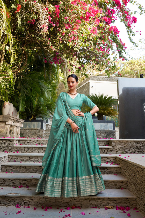 Delightful Aqua Green Pure Chanderi Plain With Zari Weaving Work Border Designer Lehenga Choli