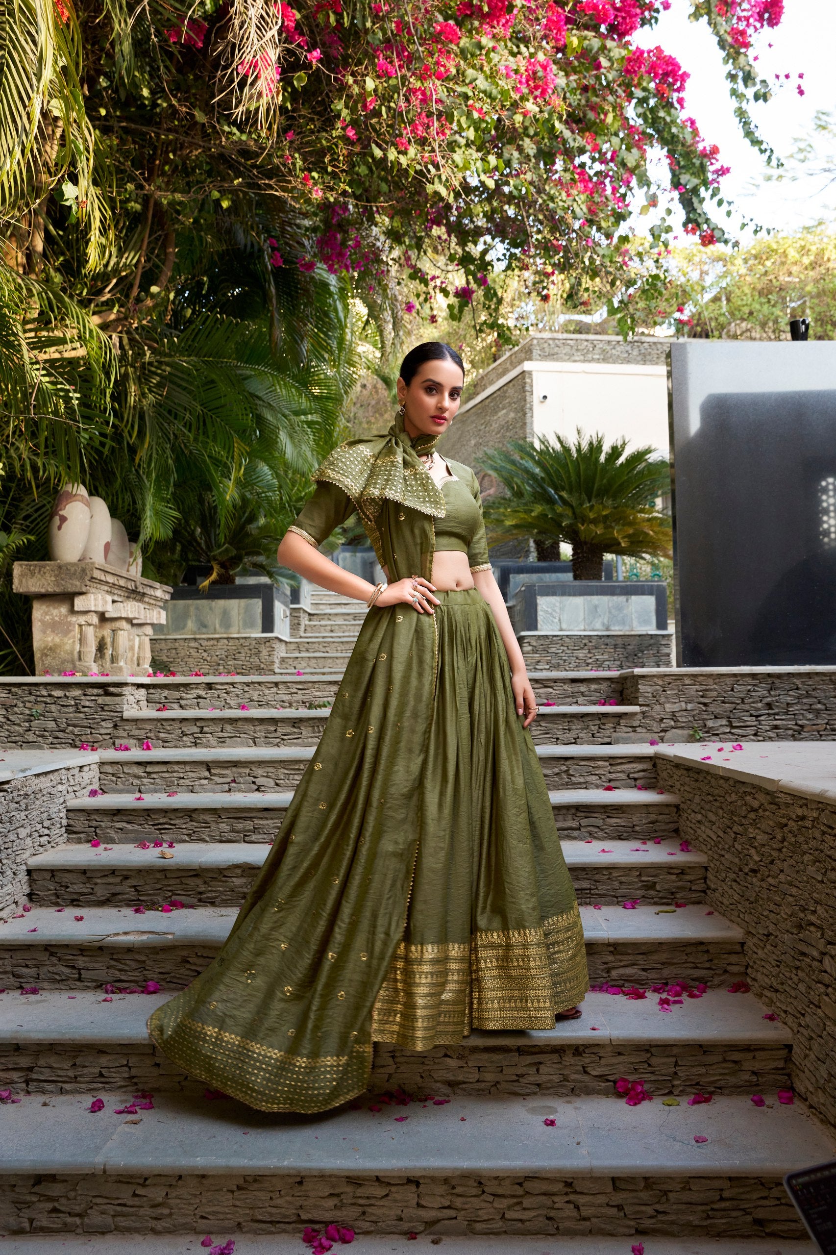 Eyes Catching Mahendi Green Pure Chanderi Plain With Zari Weaving Work Border Designer Lehenga Choli