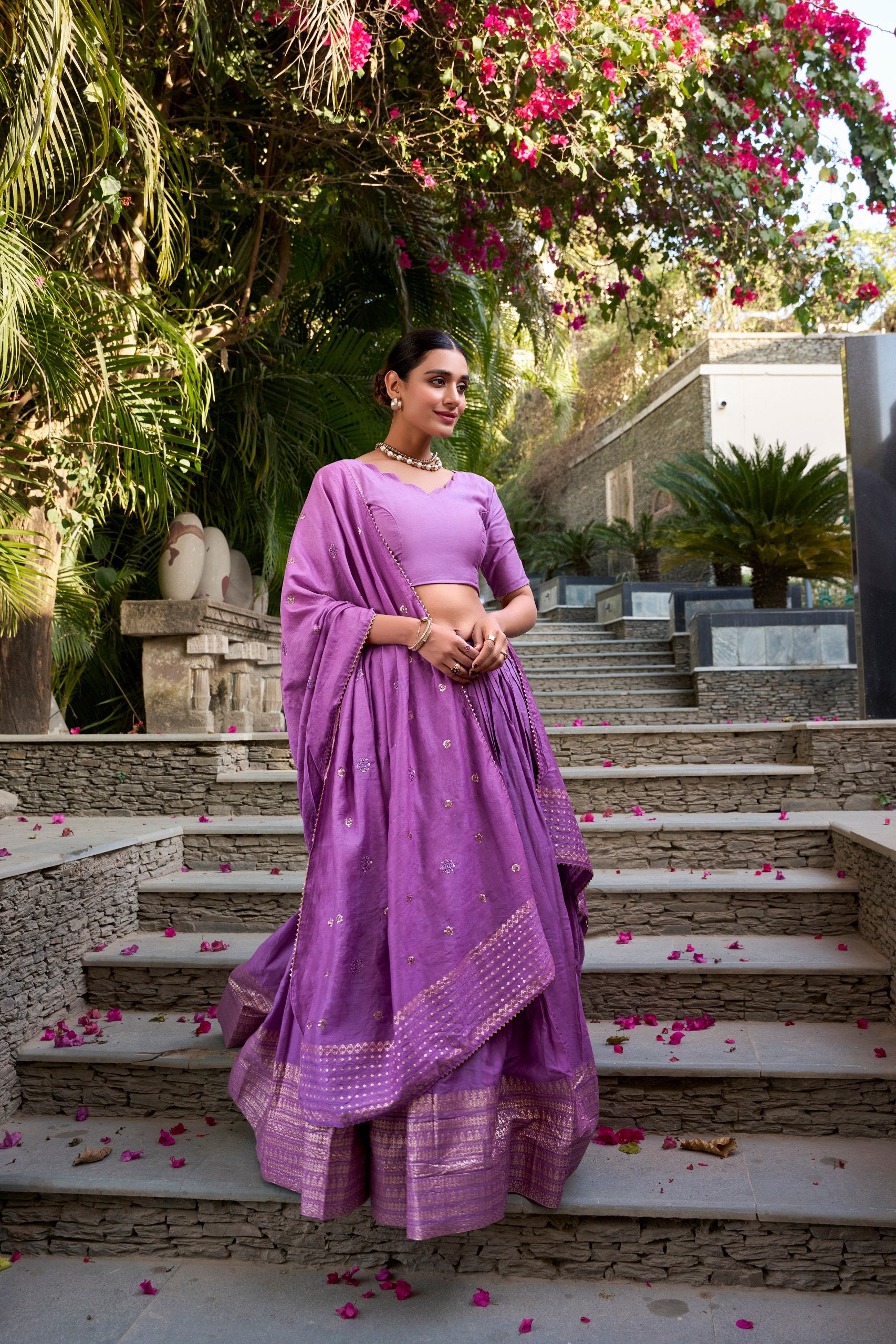 Glimmering Lavander Pure Chanderi Plain With Zari Weaving Work Border Designer Lehenga Choli