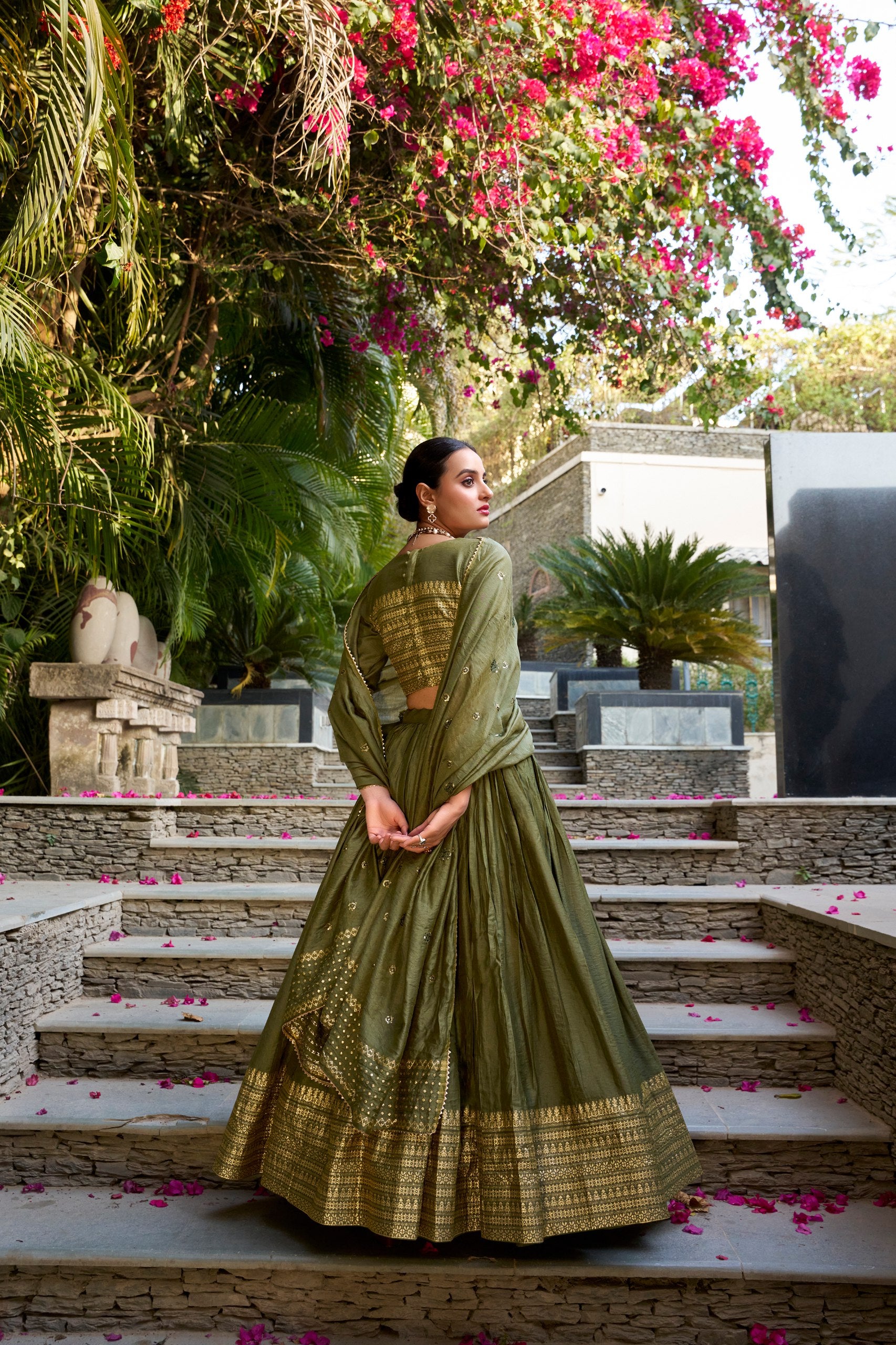 Eyes Catching Mahendi Green Pure Chanderi Plain With Zari Weaving Work Border Designer Lehenga Choli