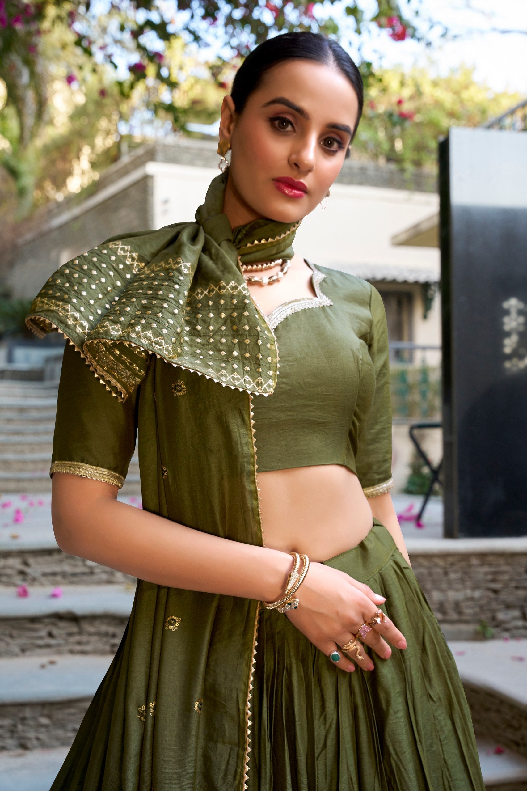 Eyes Catching Mahendi Green Pure Chanderi Plain With Zari Weaving Work Border Designer Lehenga Choli