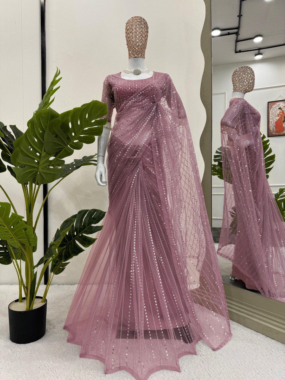 Wedding Wear Dusty Pink Color Soft Net Thread And Sequin Embroidery Work Saree