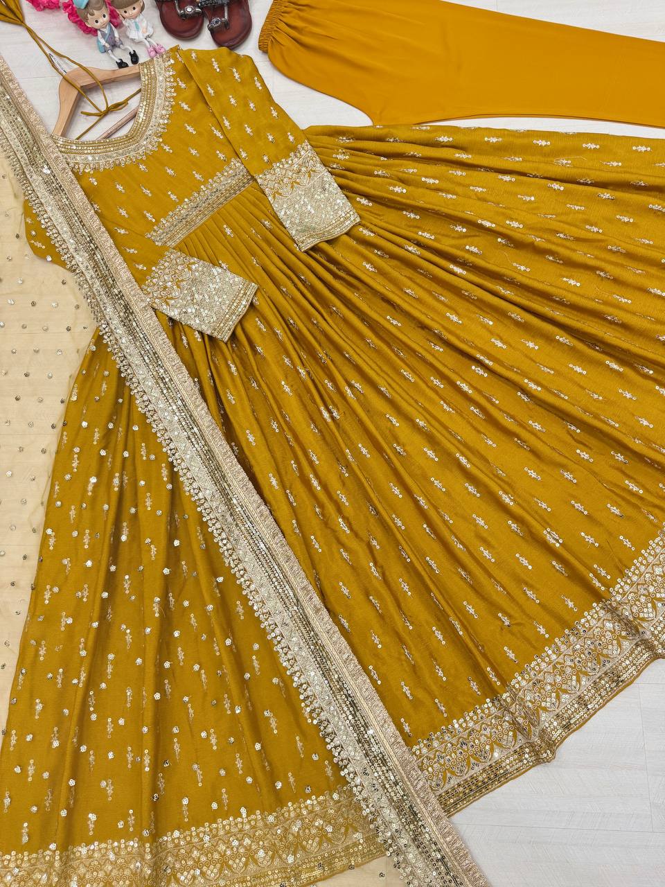 Haldi Wear Yellow Color Heavy Pure Chinon Silk With Embroidery Sequence Work Gown