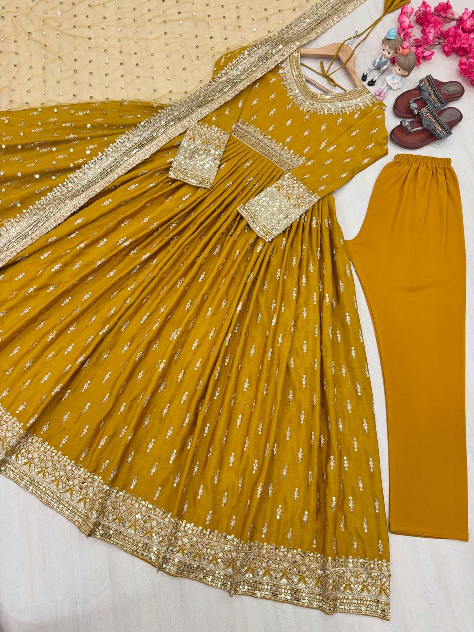Haldi Wear Yellow Color Heavy Pure Chinon Silk With Embroidery Sequence Work Gown