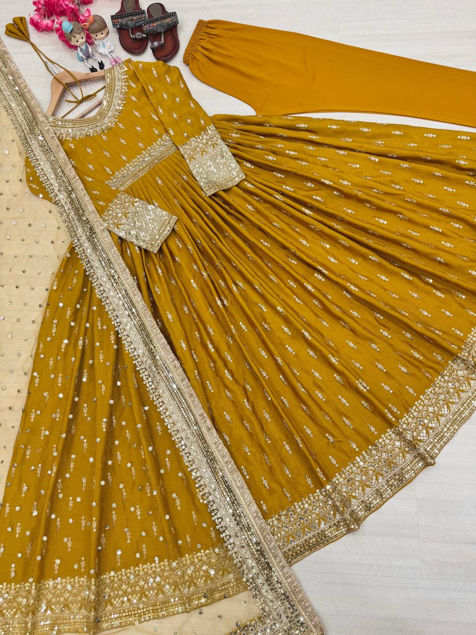 Haldi Wear Yellow Color Heavy Pure Chinon Silk With Embroidery Sequence Work Gown
