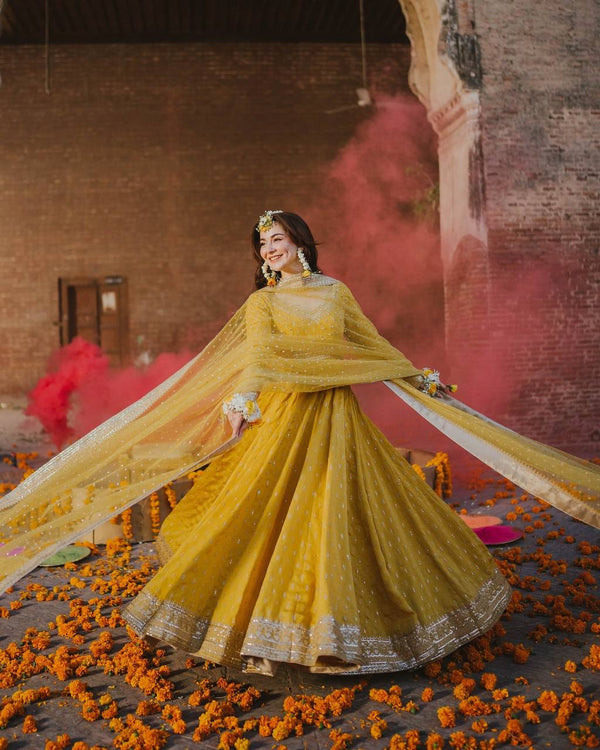 Haldi Wear Yellow Color Heavy Pure Chinon Silk With Embroidery Sequence Work Gown