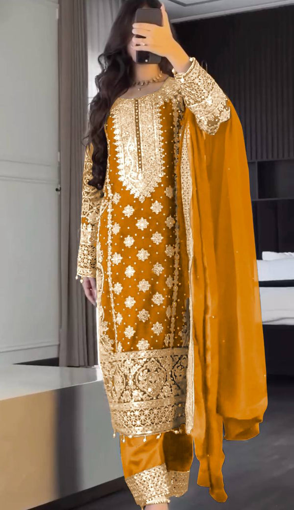 Reception Wear Mustard Color Faux Georgette With Heavy Embroidery Sequence Work Designer Salwar Suit