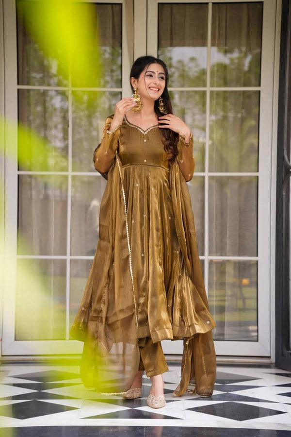 Festive Wear Golden Mustard Color Jimi Choo With Thread Embroidery Work Beautiful Gown