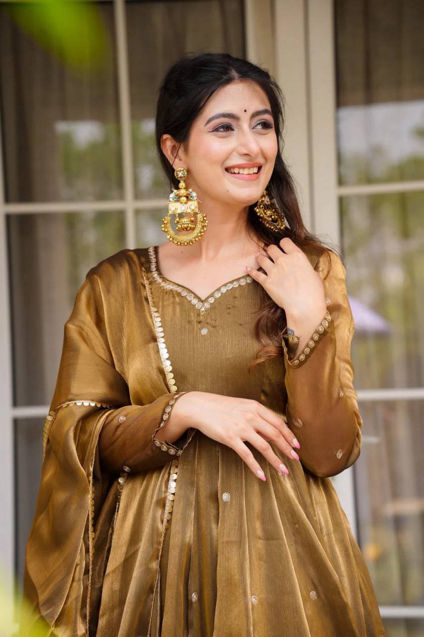 Festive Wear Golden Mustard Color Jimi Choo With Thread Embroidery Work Beautiful Gown