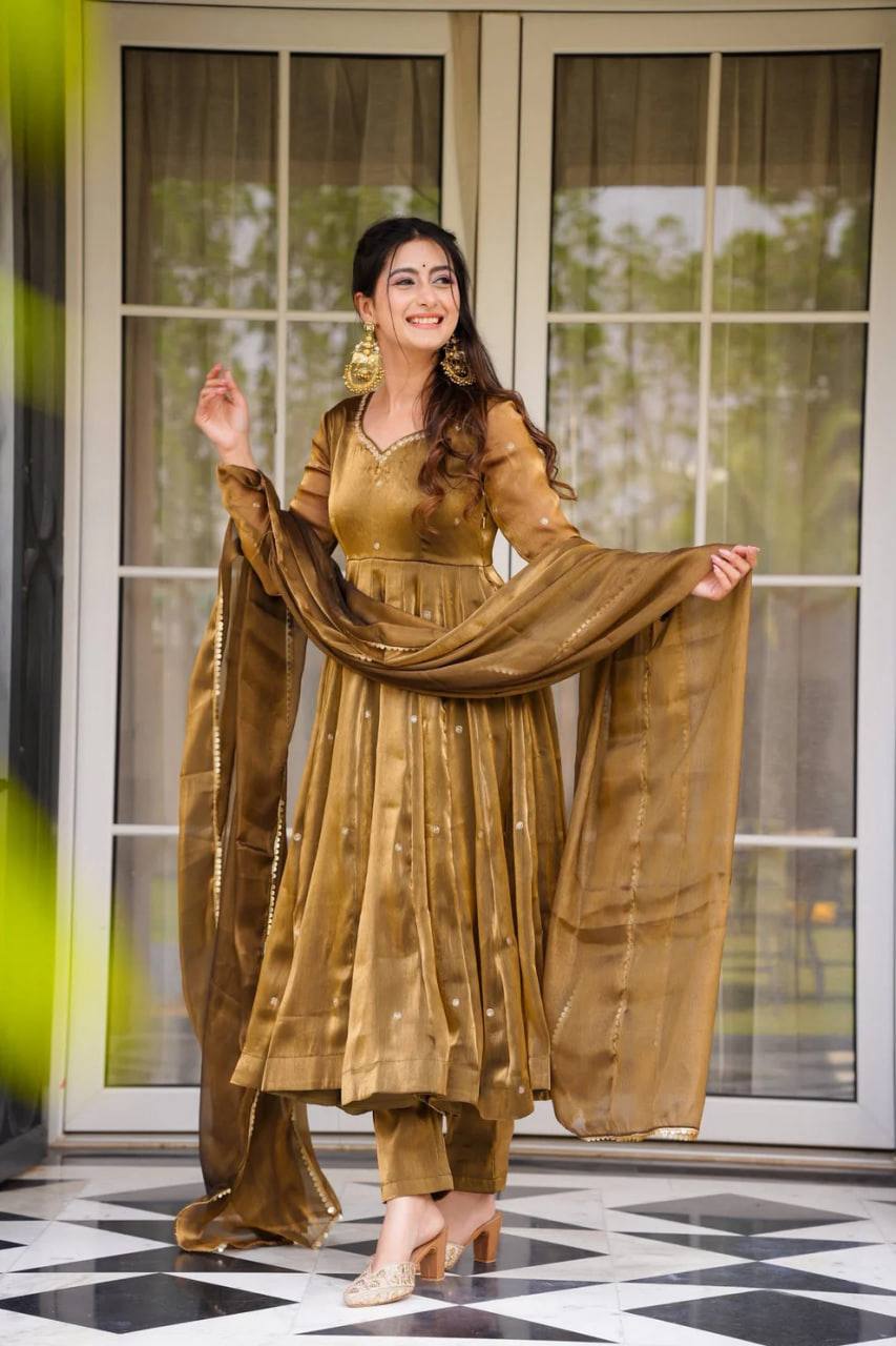 Festive Wear Golden Mustard Color Jimi Choo With Thread Embroidery Work Beautiful Gown