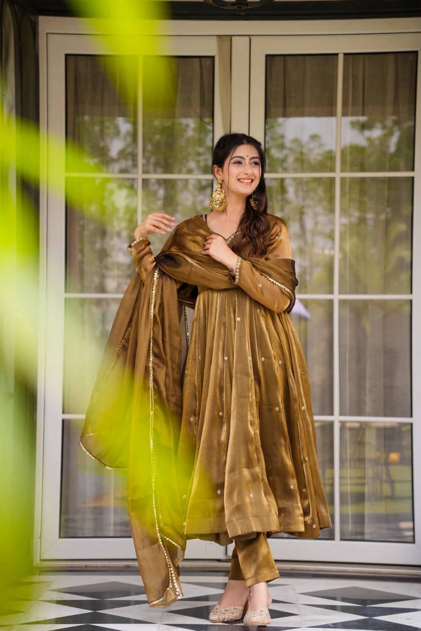 Festive Wear Golden Mustard Color Jimi Choo With Thread Embroidery Work Beautiful Gown
