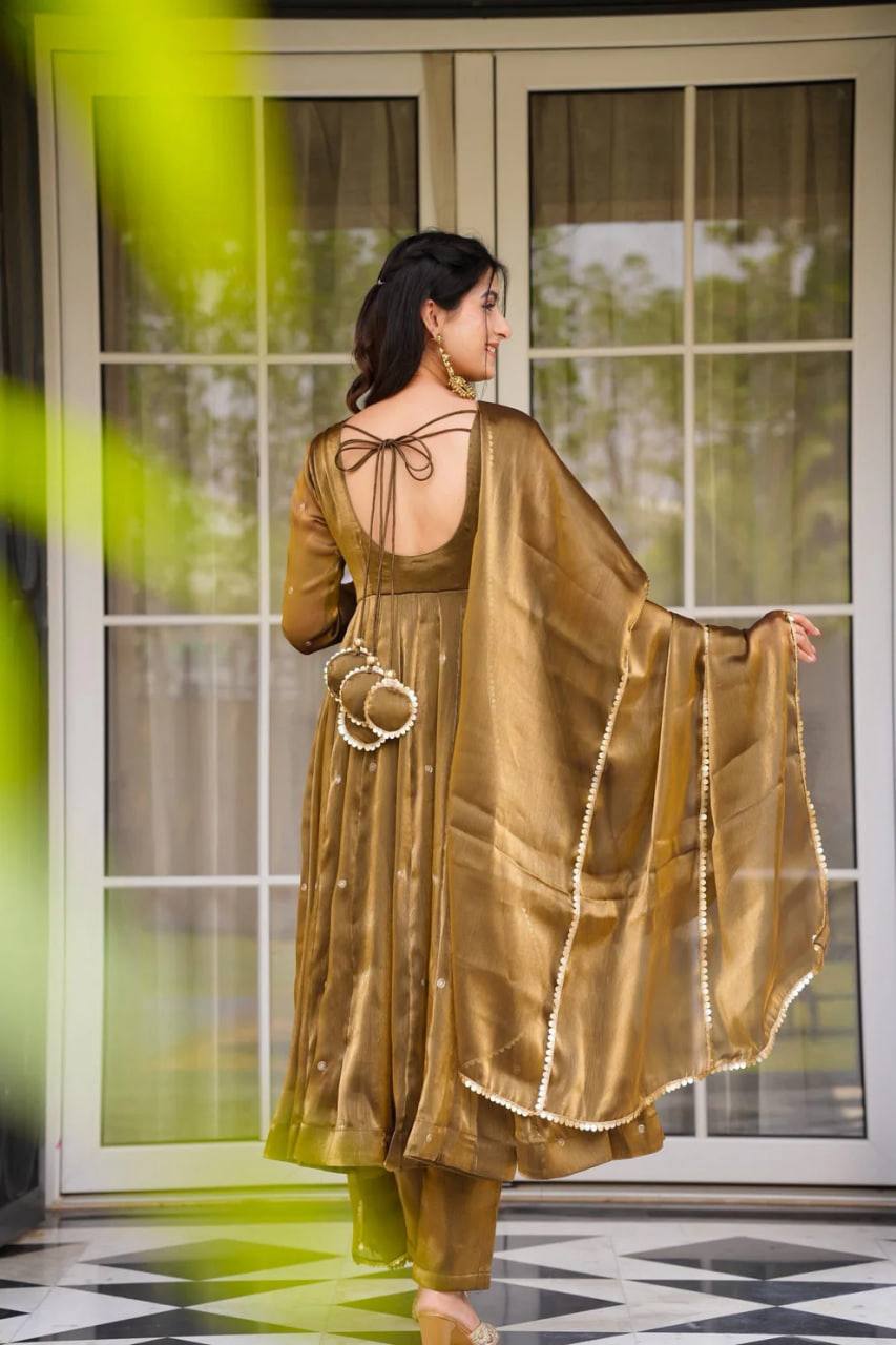 Festive Wear Golden Mustard Color Jimi Choo With Thread Embroidery Work Beautiful Gown