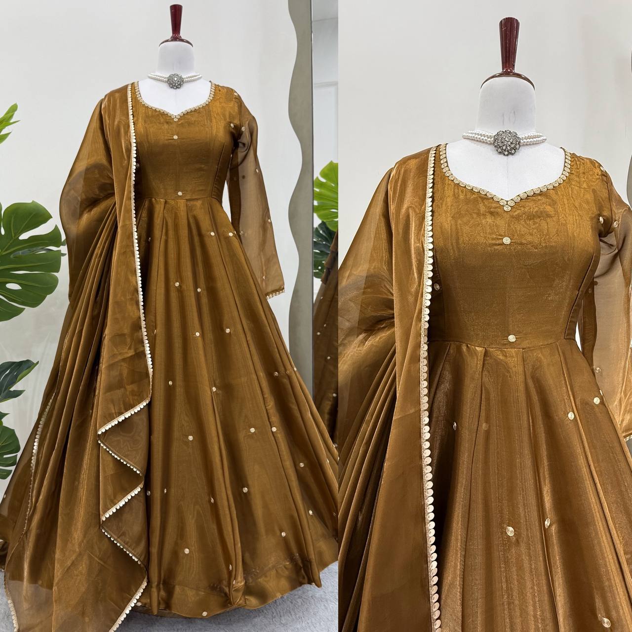 Festive Wear Golden Mustard Color Jimi Choo With Thread Embroidery Work Beautiful Gown
