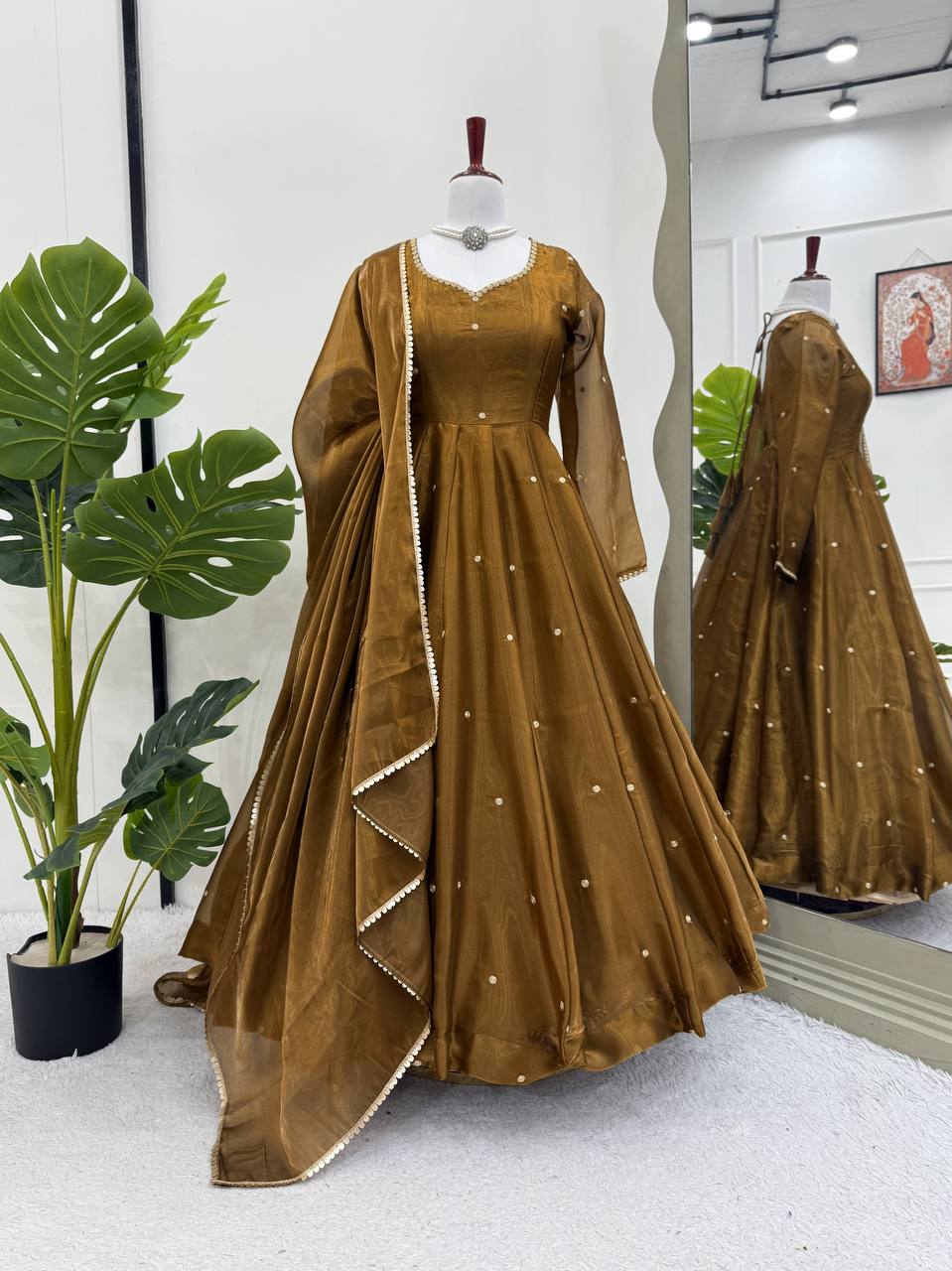 Festive Wear Golden Mustard Color Jimi Choo With Thread Embroidery Work Beautiful Gown