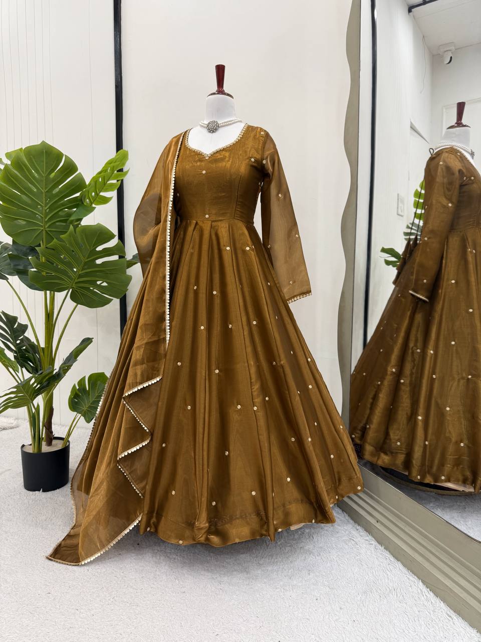 Festive Wear Golden Mustard Color Jimi Choo With Thread Embroidery Work Beautiful Gown