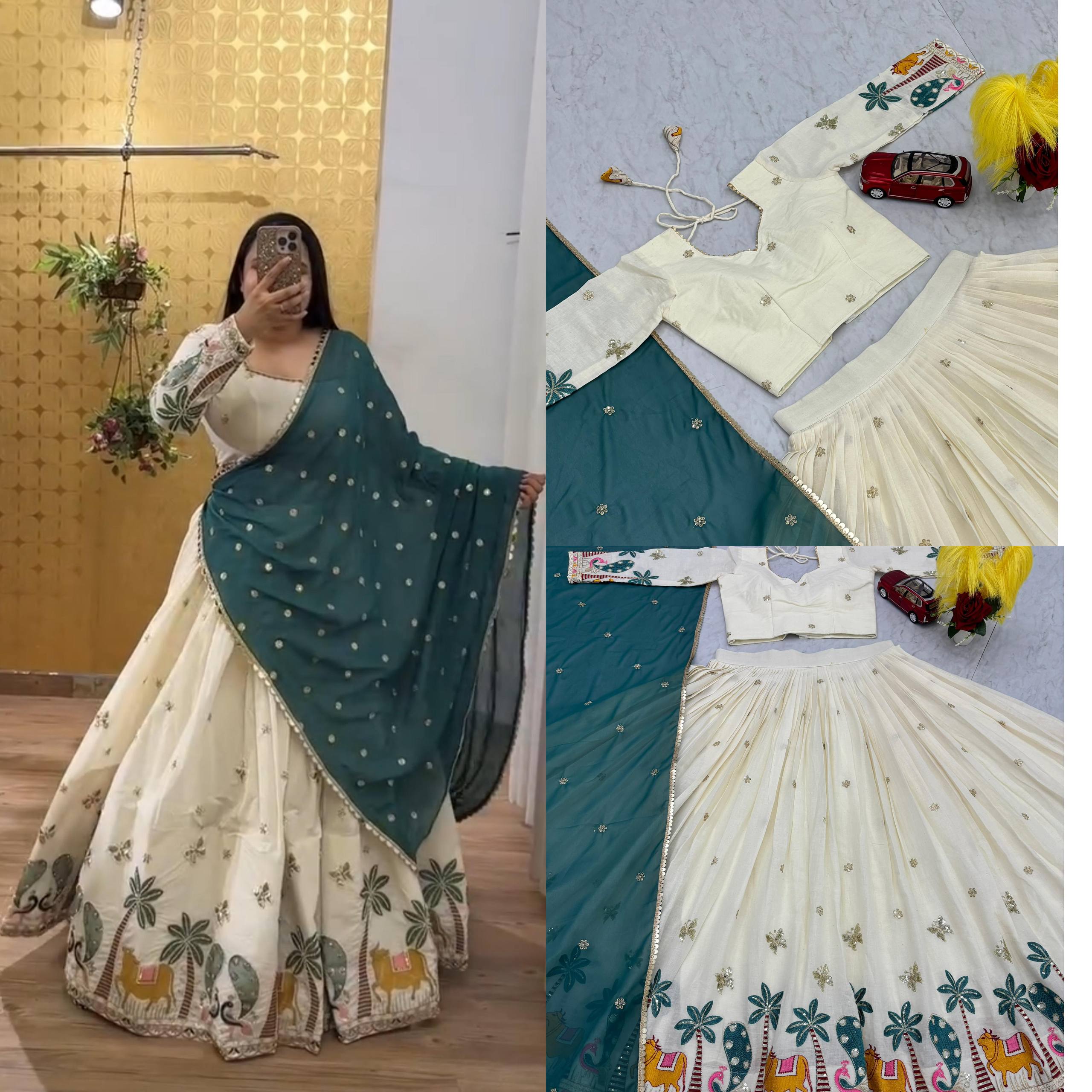 Navratri Wear Off White Color Pure Cotton Heavy Embroidery Thread And Sequence Work Lehenga Choli