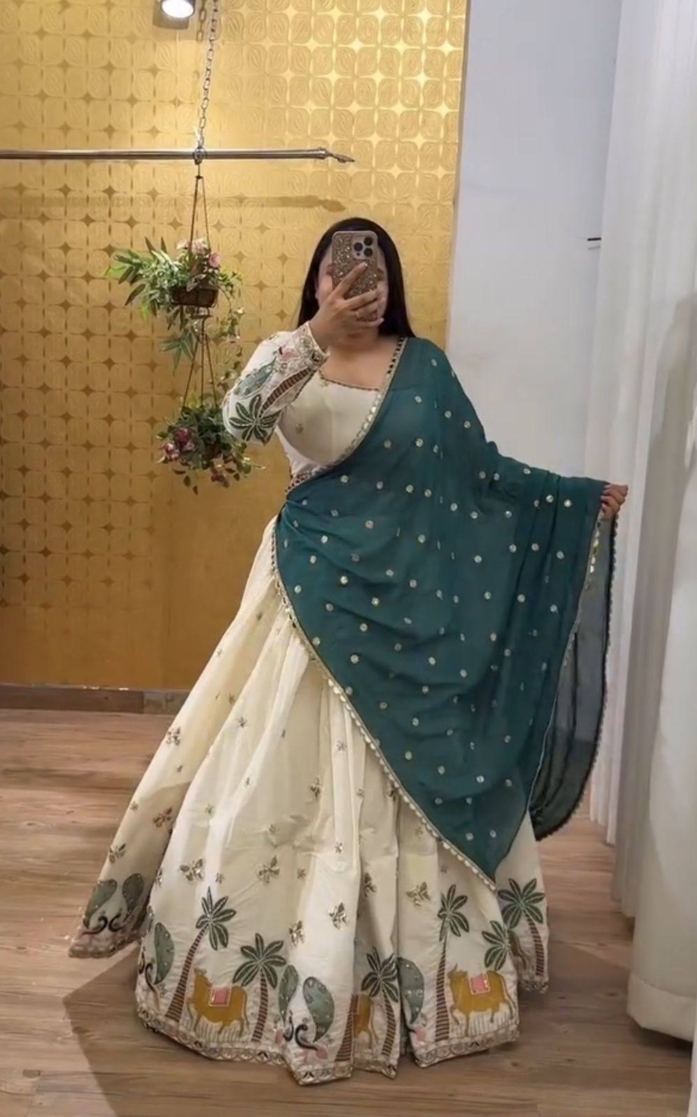 Navratri Wear Off White Color Pure Cotton Heavy Embroidery Thread And Sequence Work Lehenga Choli
