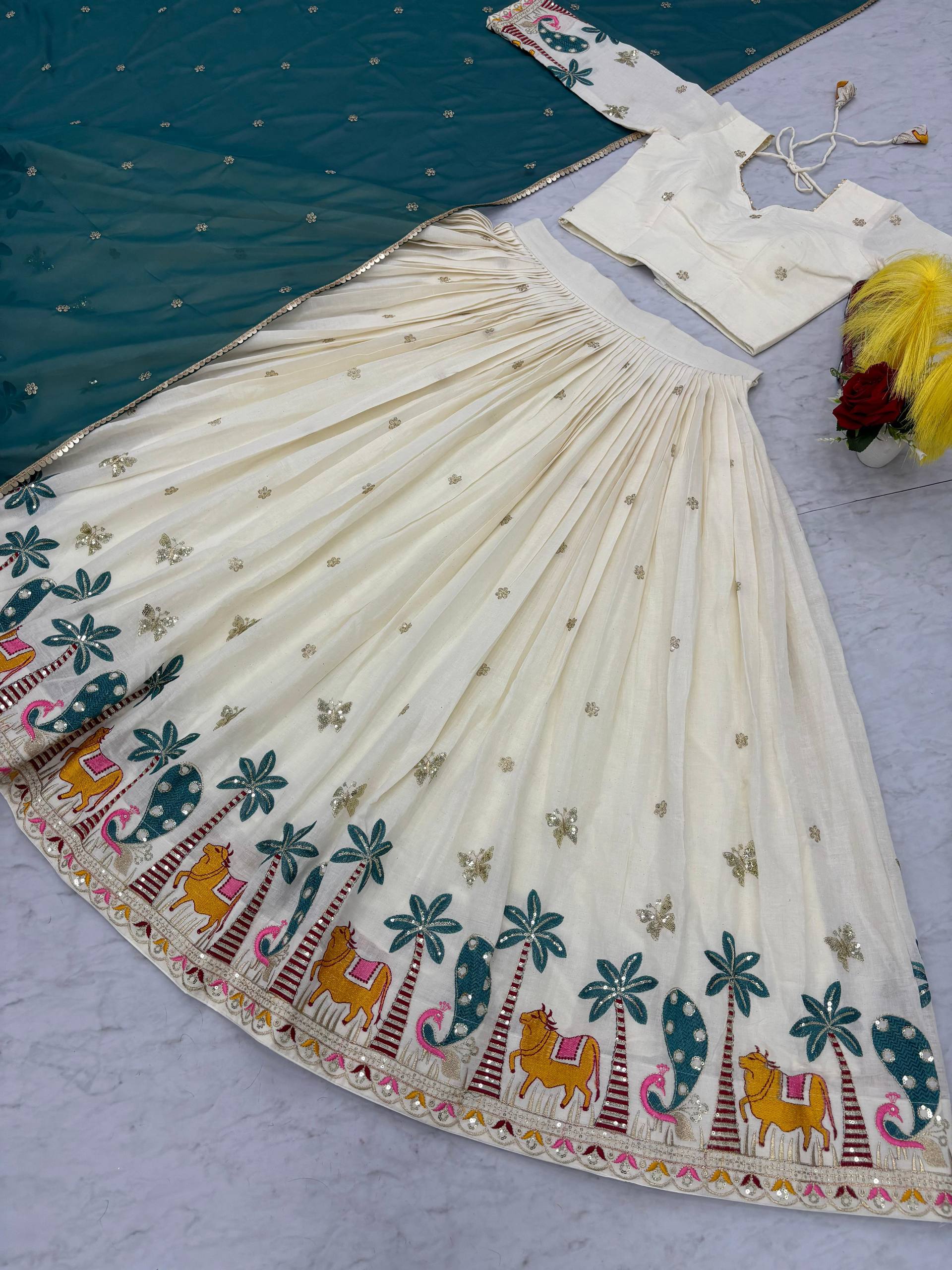 Navratri Wear Off White Color Pure Cotton Heavy Embroidery Thread And Sequence Work Lehenga Choli