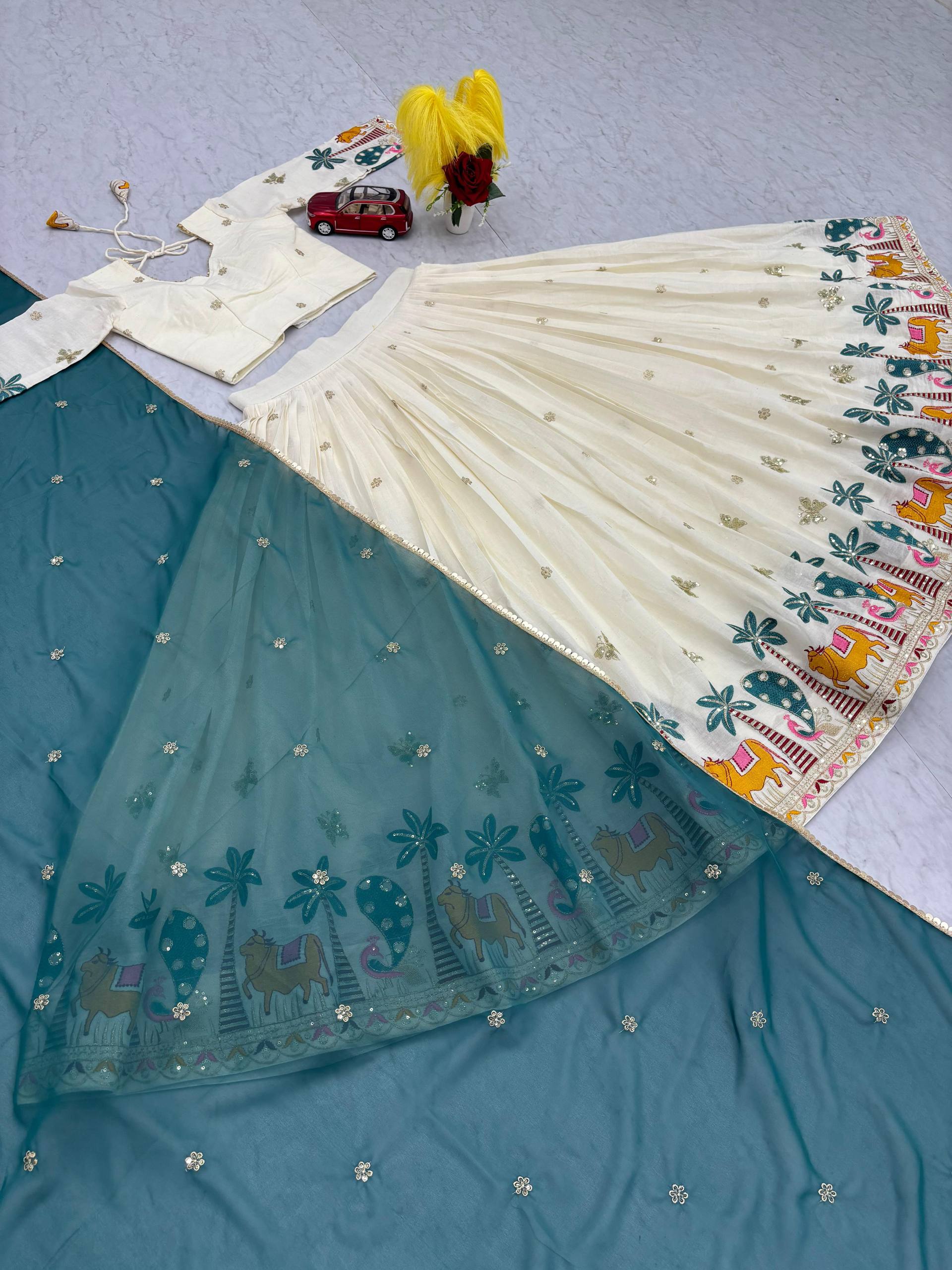 Navratri Wear Off White Color Pure Cotton Heavy Embroidery Thread And Sequence Work Lehenga Choli