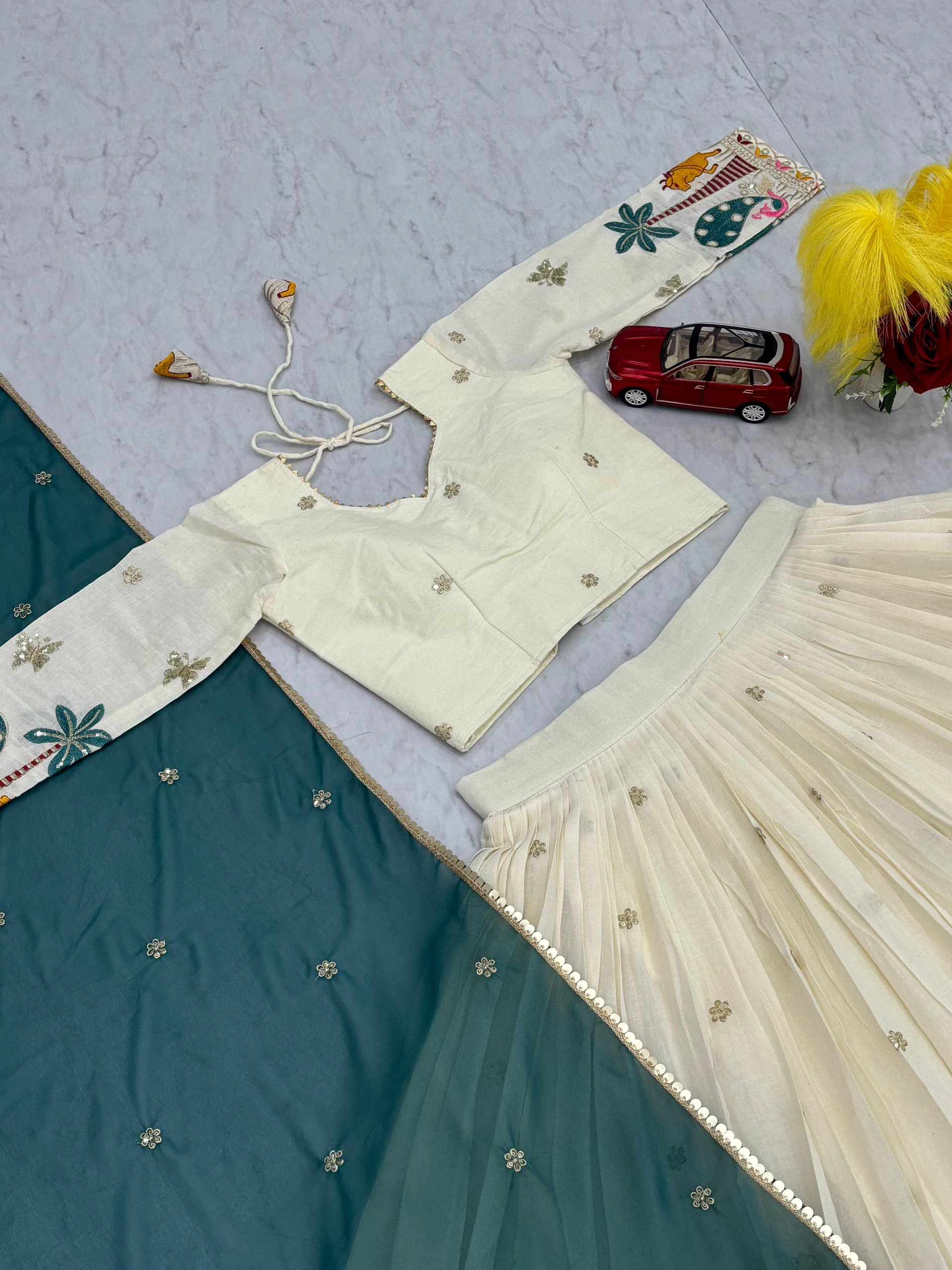 Navratri Wear Off White Color Pure Cotton Heavy Embroidery Thread And Sequence Work Lehenga Choli