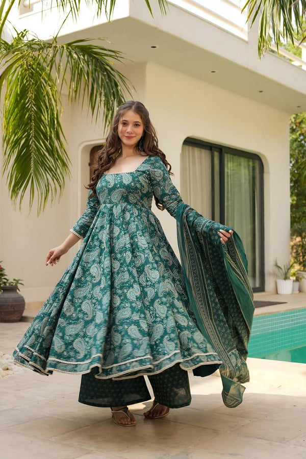 Party Wear Green Color Maslin Fabric Digital Print Work Anarkali Suit