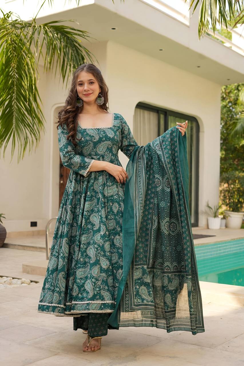 Party Wear Green Color Maslin Fabric Digital Print Work Anarkali Suit