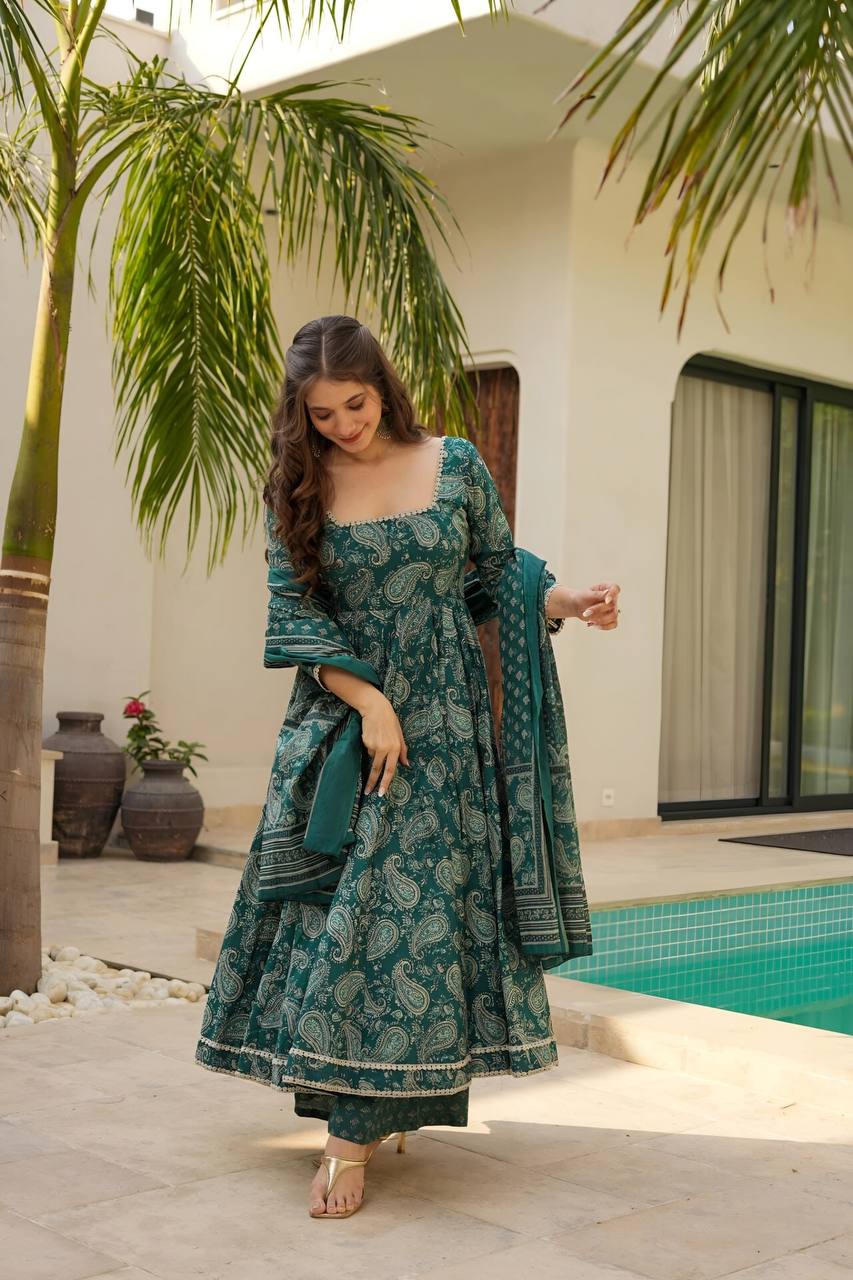 Party Wear Green Color Maslin Fabric Digital Print Work Anarkali Suit