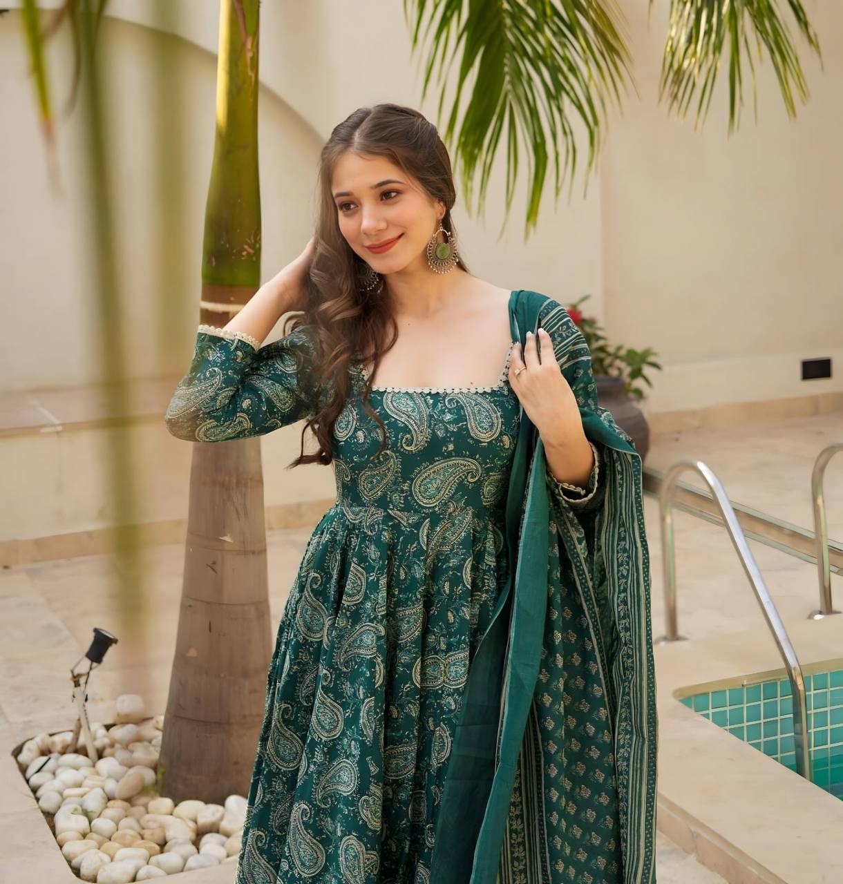 Party Wear Green Color Maslin Fabric Digital Print Work Anarkali Suit