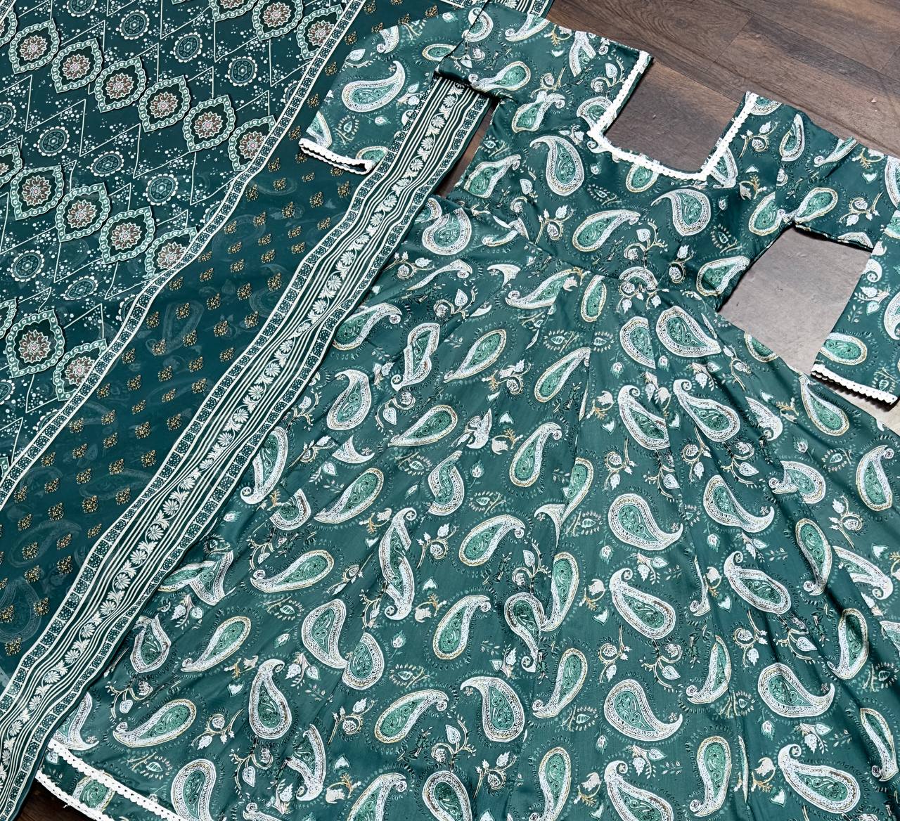Party Wear Green Color Maslin Fabric Digital Print Work Anarkali Suit