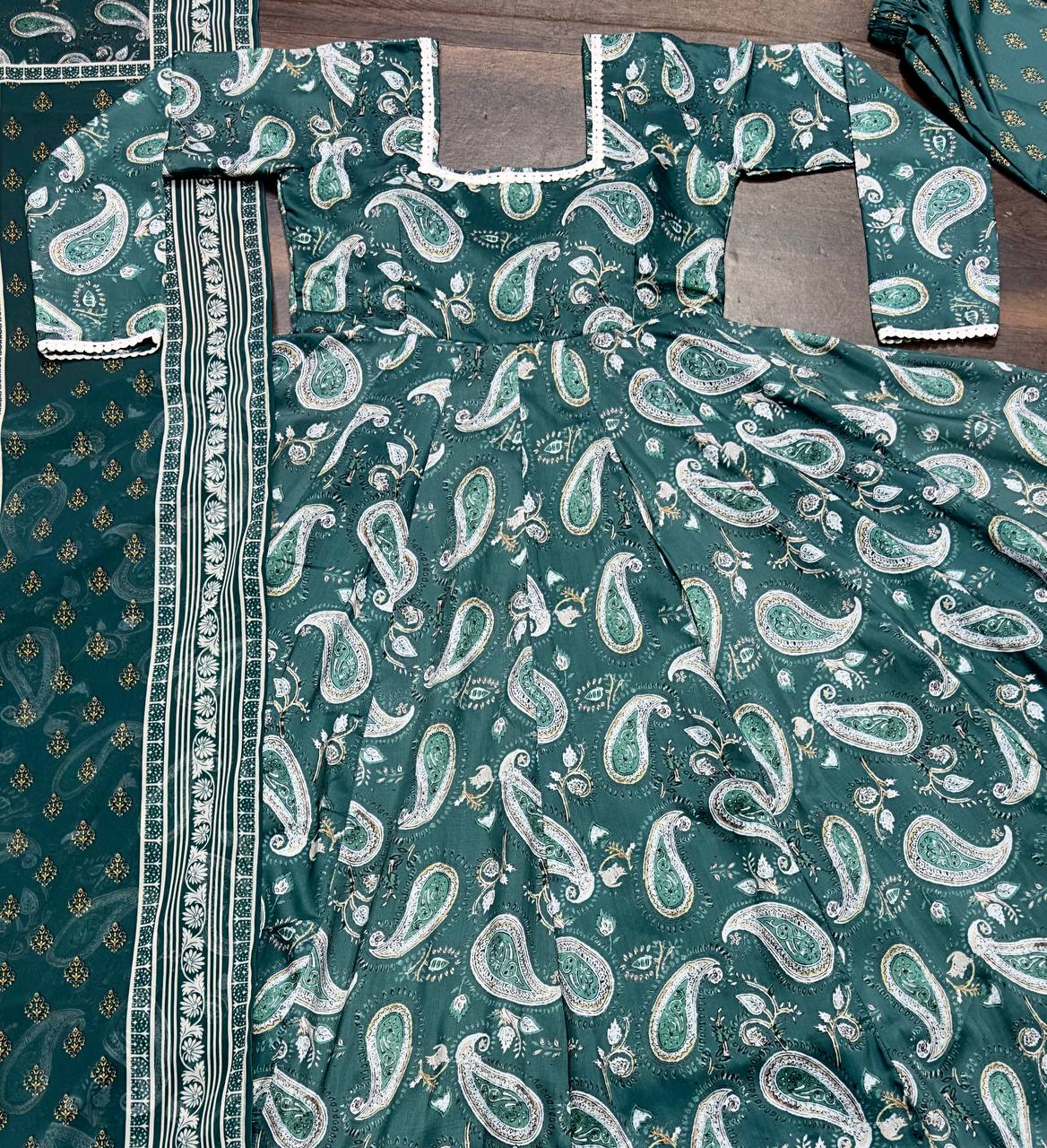 Party Wear Green Color Maslin Fabric Digital Print Work Anarkali Suit